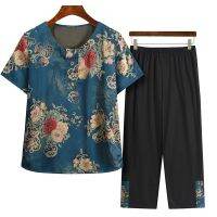 【DT】hot！ Fdfklak Grandmas Short-Sleeved Pant Womens Round Neck Printed Middle-Aged Elderly Mother Two-Piece Set