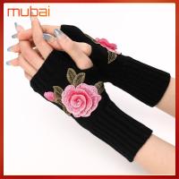 MUBAI ดอกไม้ปักลาย ถุงมือสำหรับข้อมือ สีขาวสีดำ ถักนิตติ้ง ถุงมือป้องกันข้อศอก แฟชั่นสำหรับผู้หญิง กอธ ถุงมือไร้นิ้ว ผู้หญิงผู้หญิงผู้หญิง