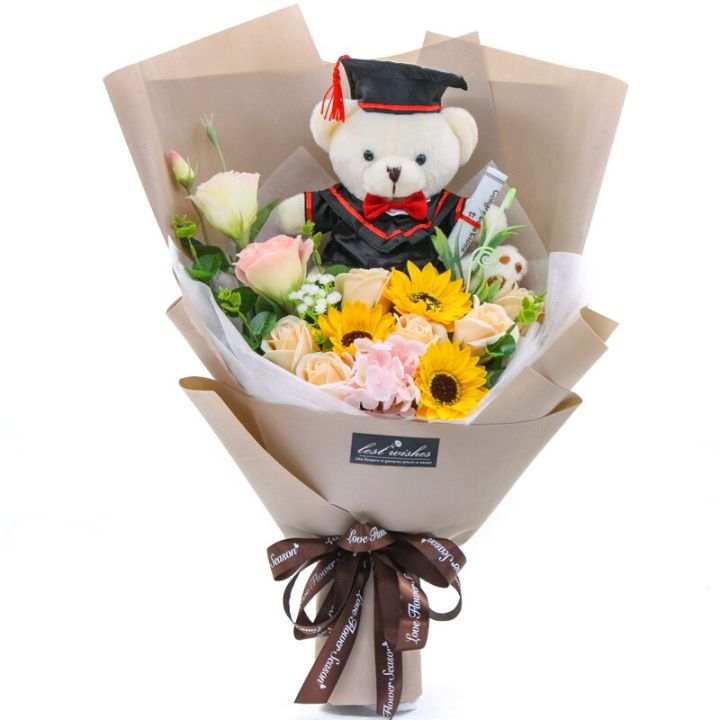 ช่อดอกไม้ของเล่นตุ๊กตาสัตว์ยัดไส้ยอดนิยมช่อดอกไม้ตุ๊กตาหมีการ์ตูนที่น่ารัก