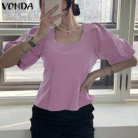 (จัดส่งฟรี)Fancystyle VONDA เสื้อผู้หญิงแขนพัฟอเนกประสงค์,เสื้อผู้หญิงเสื้อคอลูกเรือแฟชั่นเสื้อเป็นชั้นๆอัดพลีทสีพื้น