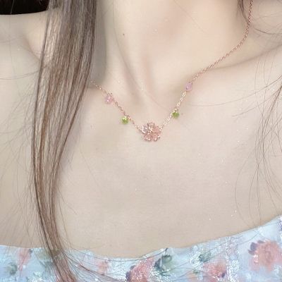 【CC】 Pink Pendent Korea Japan Necklace Clavicle Chain Jewelry Choker