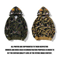 BAPE ผู้ชายเสื้อฮู้ดสตรีแจ็คเก็ต Deformed หัวฉลามเสื้อยืดลายพราง Green &amp; Yellow M ~ 3XL