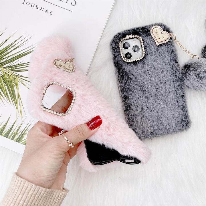 สำหรับ-huawei-p40-p30-p20-mate-40-30-pro-lite-สวย-furry-กรณีขนสัตว์หัวใจ-super-soft-warm-furry-น่ารักกรณีกลับ-luxury-rhinestone-girly-faux-fur-ขนปุยกันกระแทกป้องกันผู้หญิง