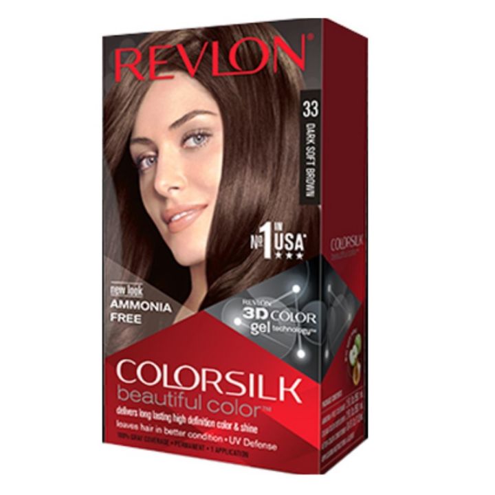 Revlon ColorSilk 3D. Số 33: Số 33 - màu nâu đỏ quyến rũ của Revlon ColorSilk 3D sẽ mang lại cho bạn một làn da trắng sáng và tóc bóng mượt. Chất son lì đến 8 tuần giúp tóc dày hơn và đẹp hơn. Hãy trang điểm và chăm sóc cho mái tóc của bạn với sản phẩm chất lượng cao từ Revlon.