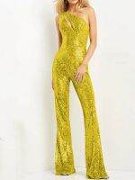 New Slimming Line Jumpsuit Female Solid Color Sexy Diagonal Shoulder Casual Banquet Mid Waist Party Straight Jumpsuit Fashion