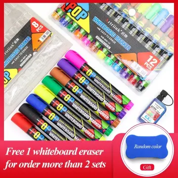 12pcs/set Erasable Whiteboard Marker Set Pen Dry-Erase Sign Ink Refillable  Office School Supplies Student Gift Black Blue Red