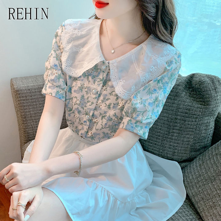 rehin-เสื้อปักลายดอกไม้แขนสั้นสำหรับผู้หญิง-เสื้อเบลาส์หรูหราแบบใหม่