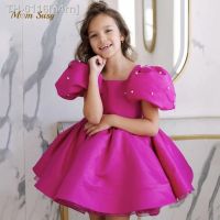 ❅☄◇ n4rn Vestido Princesa de Seda Bebê Menina Pérola Manga Puff Criança Infantil Roupas Infantis Casamento Aniversário 1-10Y