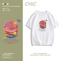 CHIC ผ้าฝ้ายแท้ เสื้อยืดแขนสั้นพิมพ์ลายแฮมเบอร์เกอร์ สไตล์สบาย ๆ T0418