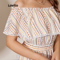 Lovito ชุดรอมเปอร์ เปิดไหล่ ลายทาง สไตล์โบโฮ L30LD096 (สีขาวนวล)