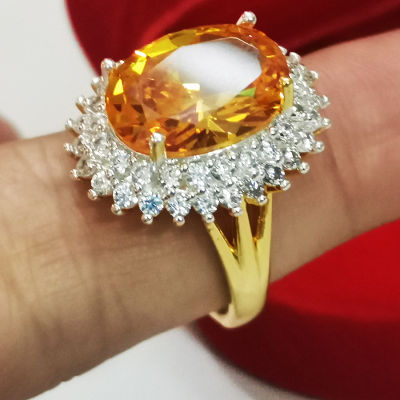 Inspire Jewelry แหวนพลอยไพลิน พลอยบุษราคัม ล้อมเพชรสองชั้น งานจิวเวลลี่ ฝังหนามเตย สวยงามมาก