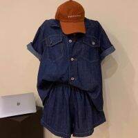 Summer Thin Denim Shirt Womens Short-sleeved Korean-style Casual Loose Wide-leg Shorts for Small Men Fashion Suit