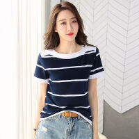 Lady 2021 Summer Blue White Striped Short Sleeve Cotton T-Shirt Women Button O-Neck Elegant Plus Size Tshirt Female Fashion Tops