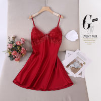 Summer Thin Chiffon Ice Silk Pajamas With Chest Pad Womens Sexy Lace V-Neck Sling Nightgown