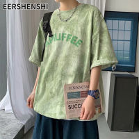 EERSHENSHI เสื้อยืดพิมพ์ลายมัดย้อมสำหรับผู้ชายแขนสั้นแบบหลวมเหมือนกันหมดเรียบง่ายคอกลม