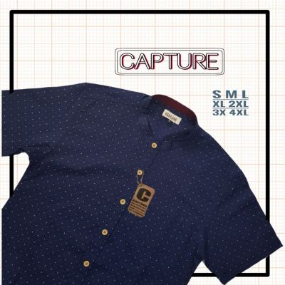 Capture Shirt เสื้อเชิ้ตผู้ชาย เชิ้ตแขนสั้น คอจีน ลายจุดสองสี สีกรม มีถึงอก 48 นิ้ว