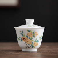 150ml Hand Painted Camellia Art Tea Tureen White Jade Porcelain GaiWan Flower Tea Cups Tea Cover Bowl Women Office Decoration