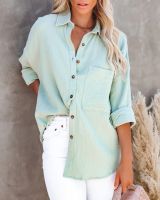 Spring Long Sleeve Casual Linen Cotton Women Blouse Elegant Turn-down Collar Buttons Shirt Office Lady Solid Pocket Loose Blusas