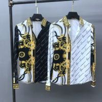 VERSACE เสื้อเชิ้ตแขนยาวผู้ชายวินเทจพิมพ์เสื้อเกาหลีเสื้อยืด