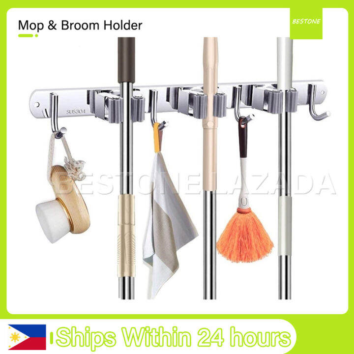 Mop & Broom Holder Wall Mount Heavy Duty with 3 Racks 4 Hooks Mop and