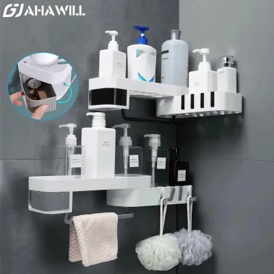 AHAWILL Corner Organizer Shelf With Hook Creative Bathroom Shelf Wall Mounted Rotating Tripod Kitchen Shelf Bathroom Accessories
