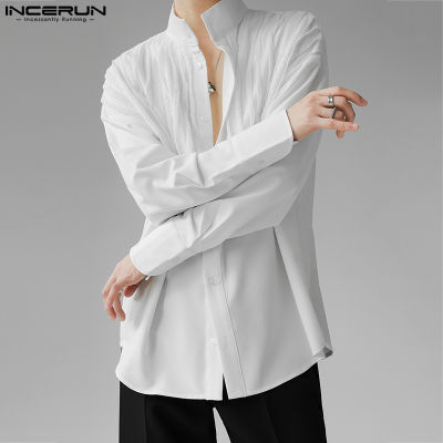 INCERUN เสื้อลำลองผู้ชายแขนยาวยุคกลางสำหรับปาร์ตี้สไตล์ Hippy เสื้อมีกระดุม (สไตล์เกาหลี)