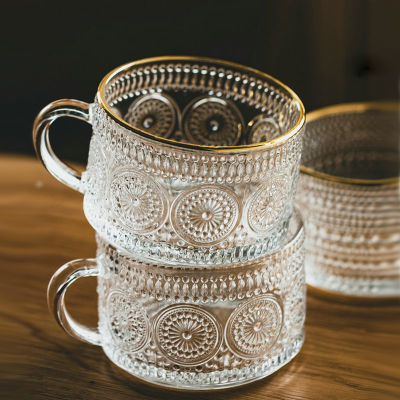 Nordic Style Retro Embossed Glass Sun Flower Coffee Cup Pearl Milk Cup Milk Tea Cold Drink Juice Cup