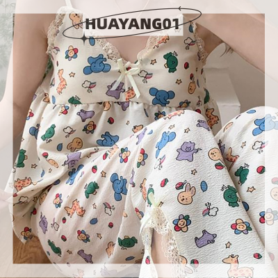 HUAYANG01ชุดนอนลูกไม้2023ชิ้น,ชุดนอนสตรีลายการ์ตูนพร้อมแผ่นปิดหน้าอกชุดใส่อยู่บ้านหน้าร้อน