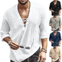 [COD] Cross-border mens summer loose strap deep V-neck five-quarter-sleeve t-shirt tie-up solid pullover mid-sleeve top Europe and America