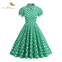 SISHION Hepburn R Cotton Polka Dots ชุดวินเทจ50S 60S VD3785แขนสั้น Swing er Pan Collar สีเขียวสีเหลือง Dresses