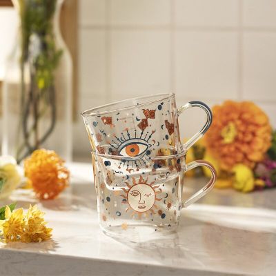 Creative Scale Glass Mug Breakfast Espresso Coffe Cup Household Couple Wine GlassesWater Cup Sun Eye Pattern Drinkware 500ml