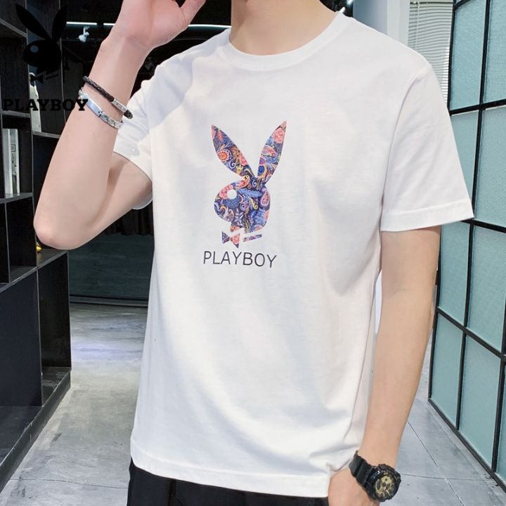 playboy-เสื้อยืดแขนสั้นผู้ชาย-แฟชั่นแนวเกาหลีหลวมผ้าฝ้ายหล่อ
