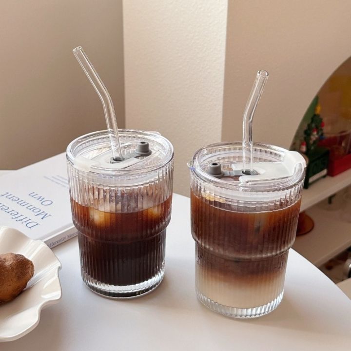 แก้วมักถ้วยแก้วอาหารเช้ามอคค่านมแก้วน้ำผลไม้ถ้วยมีฝากระจกมีลายสีฟ้าใสแก้วกาแฟขนาด450มล-และถ้วยชา