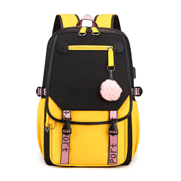 fengdong-large-school-bags-for-teenage-girls-usb-port-canvas-schoolbag-student-book-bag-fashion-black-pink-teen-school-backpack