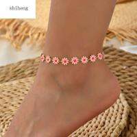 SHIHENG Boho Daisy โซ่ดอกไม้ Anklets,Dripping โลหะผสมน้ำมันรูปทรงเรขาคณิตที่ไม่ซ้ำกันฤดูร้อน