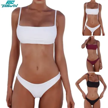 Women Sexy Brazilian Bikini 2 Piece Spaghetti Strap Top Thong Swimsuit  Bathing Suit Solid Color Steel Bra Bikini 