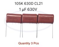 105K 630D CL21 1uF 630V คาปาซิเตอร์ โพลีโพรไพลีน 1uF/630V Polyester Film Capacitor 1.0uF630Vd,±10% ขนาด 27.5mm 1 ชุด มีจำนวน 3 ชิ้น