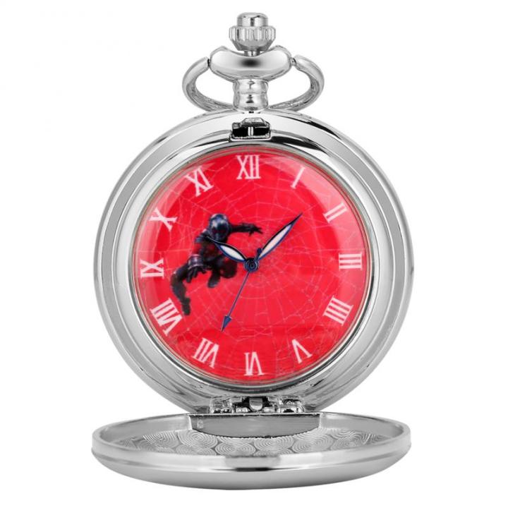 นาฬิกาพกควอตซ์สีเงินแบบเรียบลาย-marvel-นาฬิกาอนิเมะสายโซ่จี้สร้อยคอซูเปอร์ฮีโร่ของขวัญสำหรับแฟนสไปเดอร์แมน