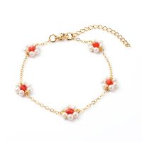 1pc Shell Pearl &amp; Acrylic Beads Flower Link Bracelets with Brass Cable Chains Golden Red 2mm 7-1/4 inch(18.4cm)