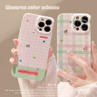 เคสโทรศัพท์สติกเกอร์เพชรตารางสีเขียวสีชมพูฤดูร้อนสำหรับฟิล์มแข็ง Iphone14pro/14/13pro/11/12/13 Promax/xr X XSmax