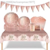 ❖ Pink Rose Gold Birthday Party Decoration Paper Plate Cup tablecloth 21th 30th 40th 50h Happy Birthday Party Decor Girls Women