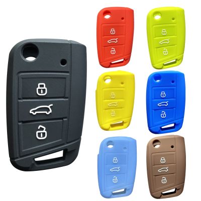 dfthrghd Silicone Car Key Cover Cap Fit For VW Golf 7 Mk3 Lion Polo T-cross Folding Case For Seat Toledo IV Ateca For Skoda A7 Rapid 2021