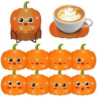 【LZ】☇◎  Fall Pumpkin Diamond Art Painting Coasters Kits com suporte DIY Autumn Pumpkin Coaster Coaster antiderrapante 8 pcs