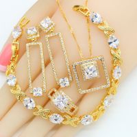 White Zirconia 18K Gold Bridal Jewelry Sets for Women Earrings Necklace Pendant Ring Bracelet Christmas Birthday Gift