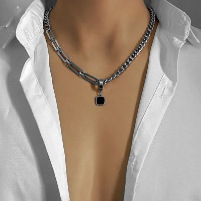 【CW】2022 Trendy Hip Hot Black Square Pendant Necklace Men Asymmetric Stainless Steel Cuba Chain Necklace For Men Jewelry YZ-08