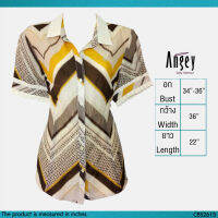 USED Angey - Yellow Chevron Striped Shirt | เสื้อเชิ้ตสีขาว สีเหลือง แขนสั้น ลายทาง คอปก ทรงใหญ่ ทำงาน แท้ มือสอง