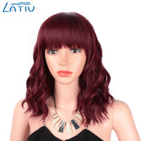 Lativ Synthetic Pink Short Bob Wavy Wig with Bangs Shoulder Length Black ang Red Wigs For Women Heat Resistant