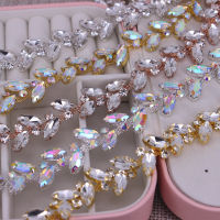 Colorful Leaves shape crystal rose gold ,silver,gold AB rhinestones trim metal chain Ribbon for dress, bag, shoes accessories