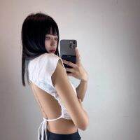 เสื้อ Baju Crop Lengan Pendek สตรีทแวร์เปิดหลังผ้ารัดรูปสีเดียวลำลองสำหรับผู้หญิงสวยเสื้อยืดลายพื้นฤดูร้อน