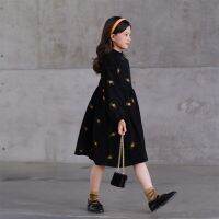 New 2023 Corduroy Girls Dress Kids Embroidered Retro Clothing Children Turtleneck Winter Dresses, #7162